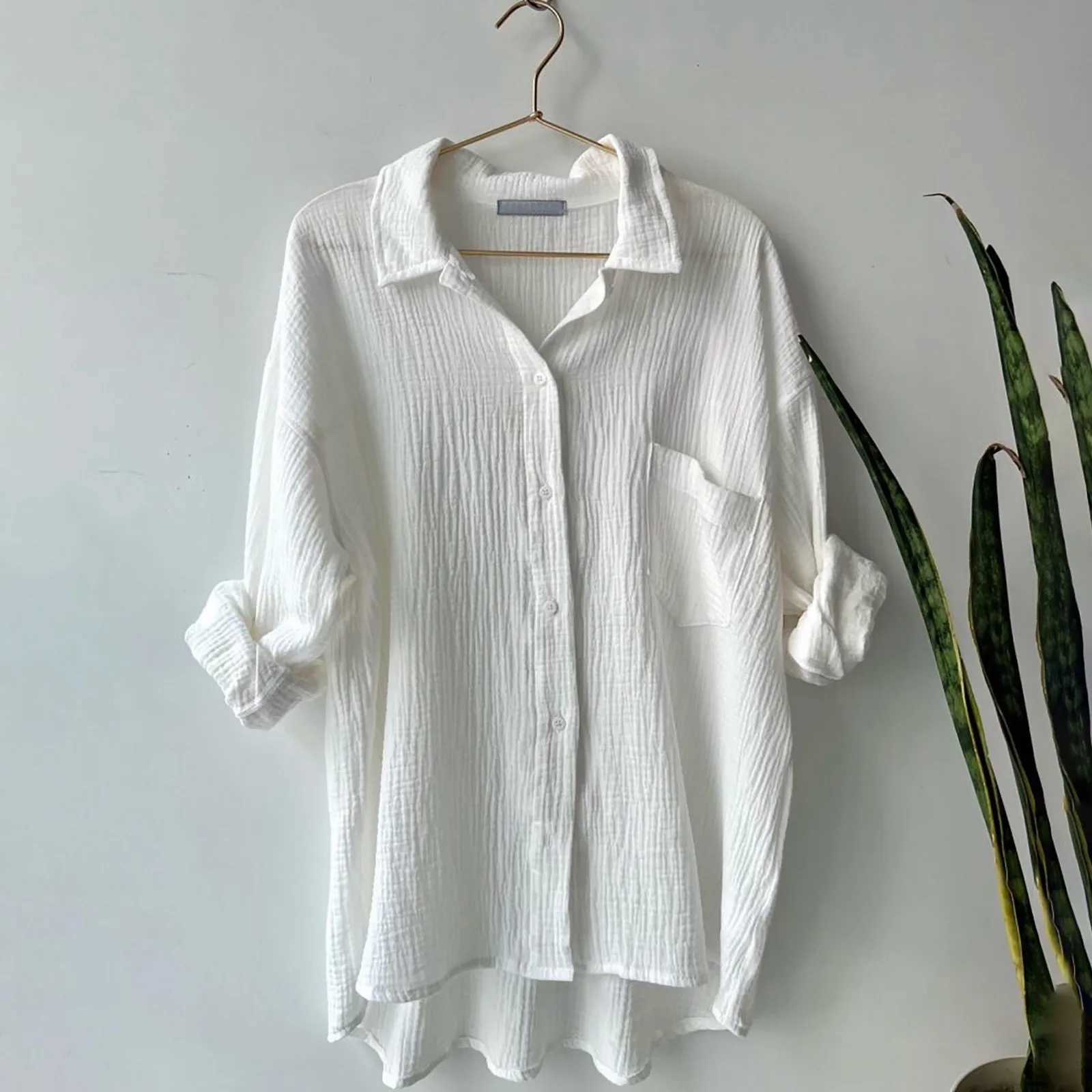 Summer Womens Set 2024 Wrinkle Shirt Two Piece Set Solid Color Womens Drstring Shorts Set Blue Button SetXJ250414