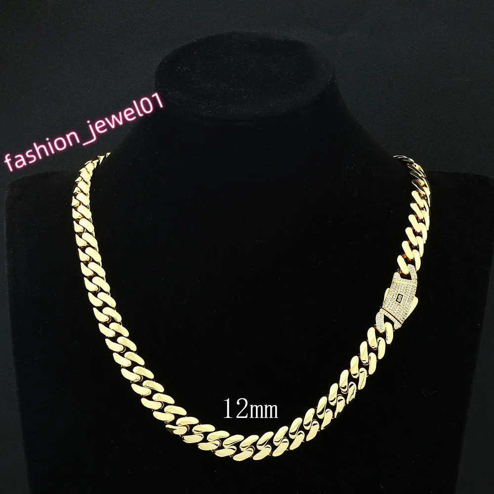 ESKEEM Iced Diamond Clasp Flat 12mm Miami Cuban Link Chain 14K Gold Plated Thick Solid Cuban Link Chain Hip Hop Jewelry for Men