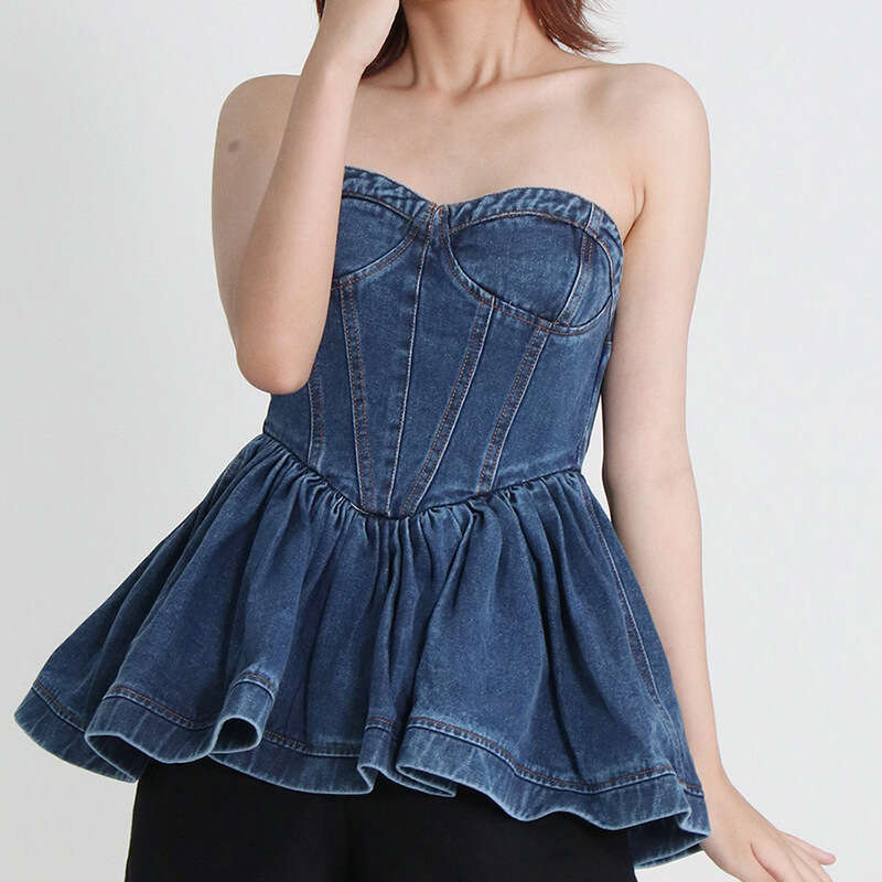 Designer Women's Spring 2025 Elegant Denim Strapless Top with Patchwork Detail and Ruffled Edges