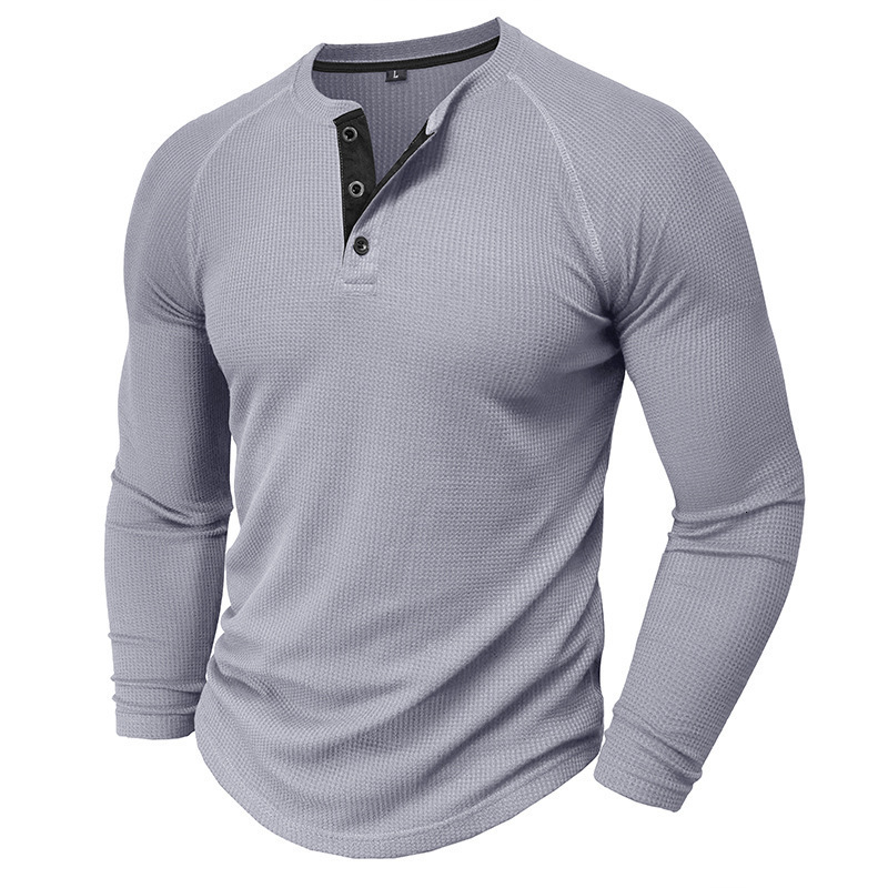 Mens Waffle Henley collar pullover long sleeved T-shirt solid color texture base shirt