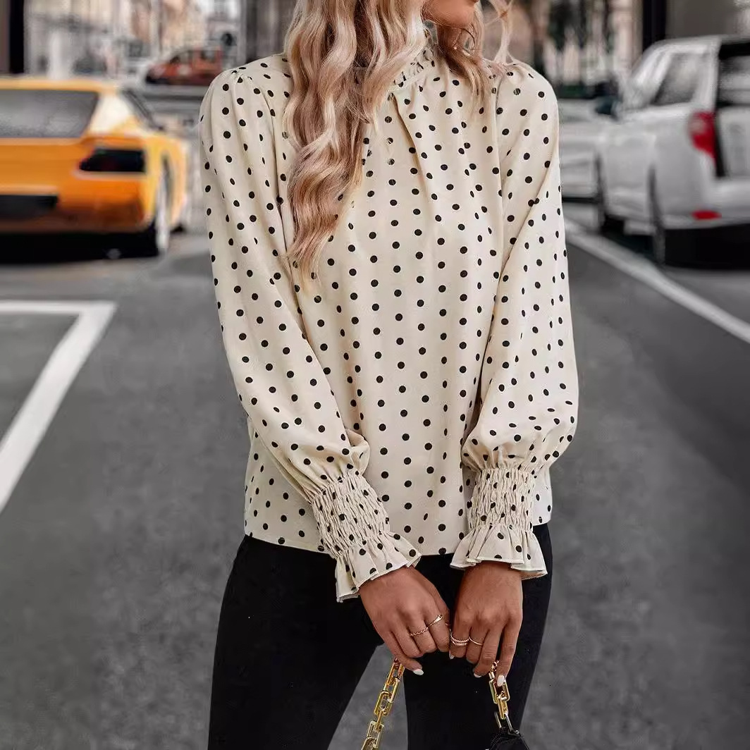 Women's 2025 new Temu ruffled polka dot printed bubble sleeve style women's shirt