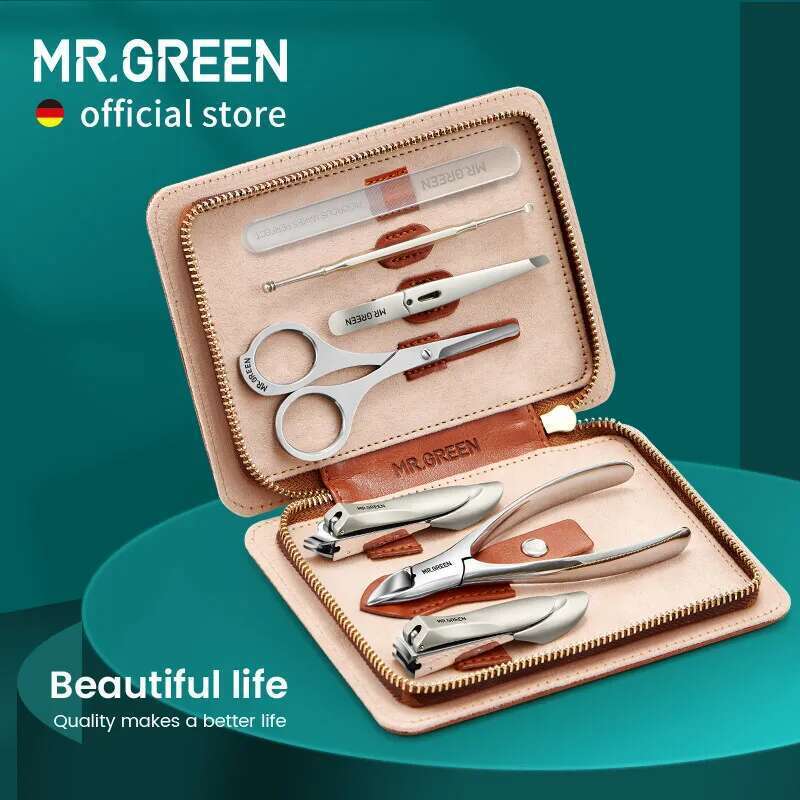 Mr.Green Manicure Set With Leather Case 7 In 1 Professional Foot And Face Care Tool Kits Stainless Steel Nail Clipper Sets Gift