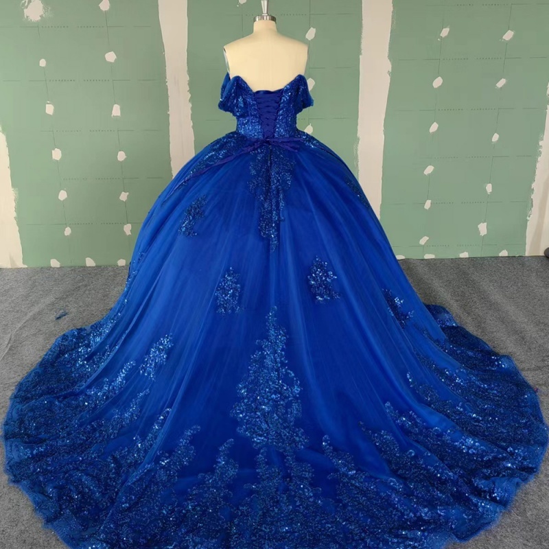 Royal Blue Quinceanera Dresses Off Shoulder Ball Gown Sweet 16 Dress Sequin Applique Lace Beads Tull Birthday Party Vestidos 15 Anos
