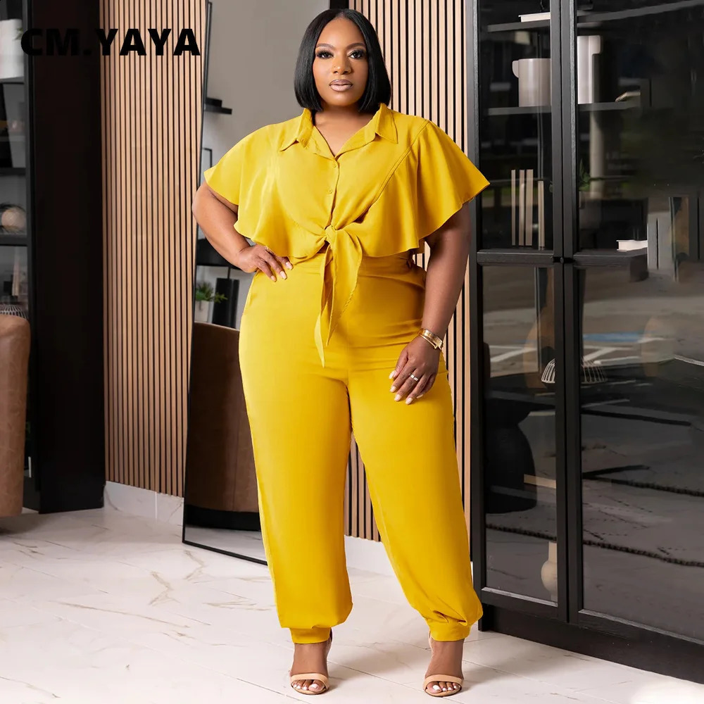 CM.YAYA Elegant Plus Size Loose Womens Set Tie Crop Ruffles Top pencil Pants Suits Streetwear Tracksuit Two 2 Piece Set 250410