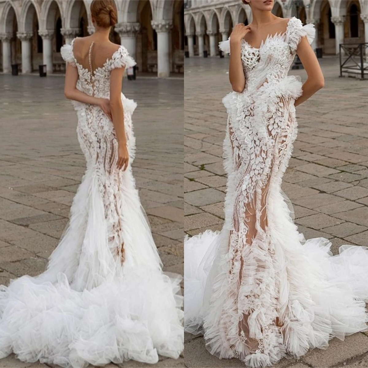 Sexy V Neck Mermaid Wedding Dresses Elegant Tiered Ruffles Gowns Short Sleeve Lace Robe De Mariee Customized