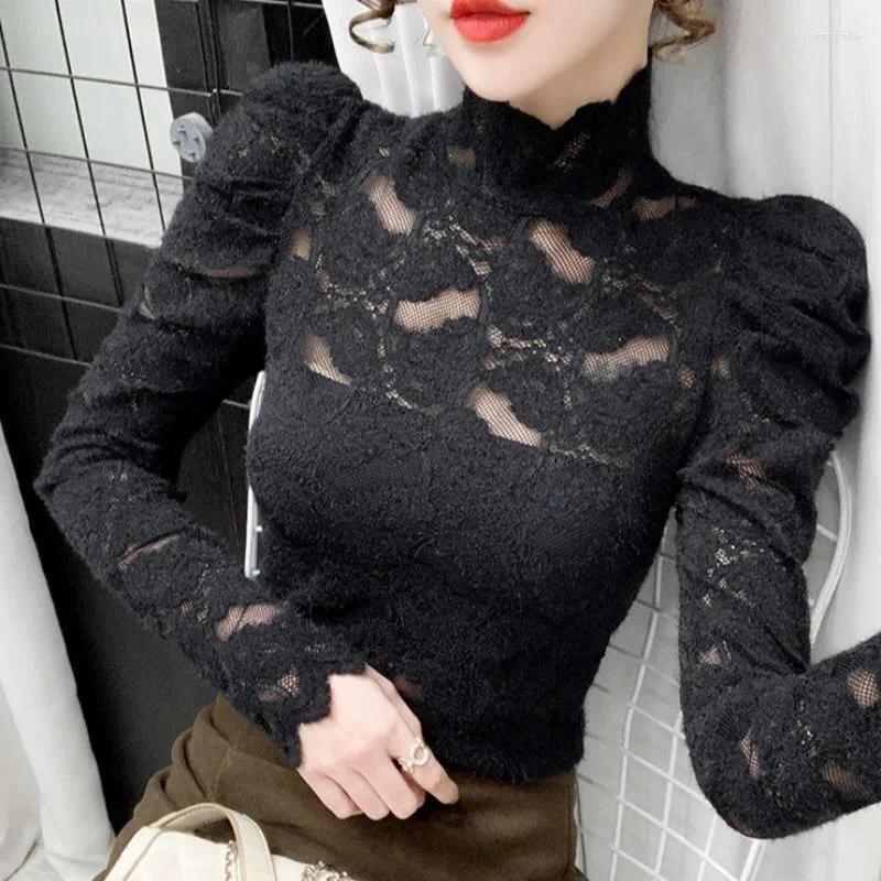 Women's Blouses 2025 Autumn Turtleneck Lace Blouse French Style Inner Wear Bubble Sleeves Temperament Long Sleeve Slim Fit Top
