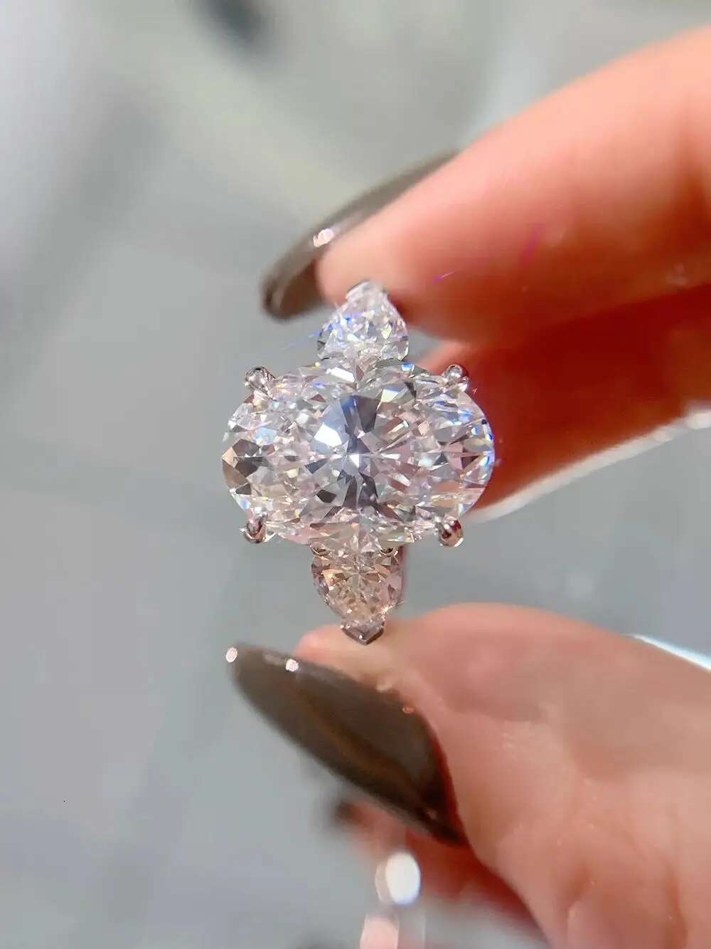 Real Solid 18K White Gold Ring Women Engagement Anniversary Wedding Ring Oval Moissanite Diamond Ring Pear Water Drop