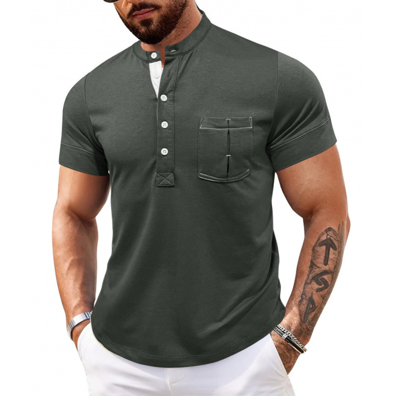 Mens short sleeved Henry shirt fitness tough guy mens T-shirt high-end cotton top summer