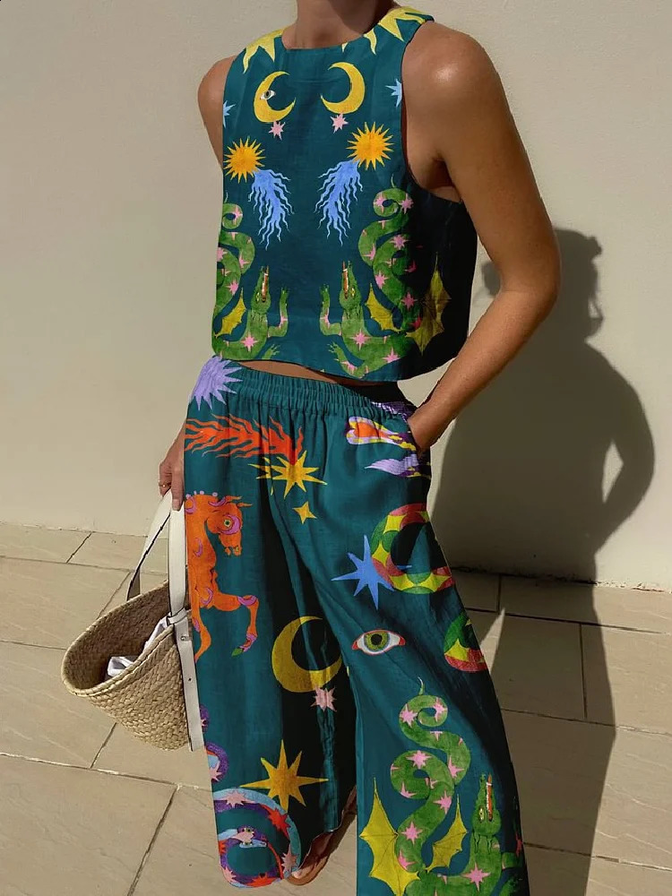Printed Women Clothing Sleeveless Short Top Loose Pants 2-piece Set Spring/summer Hawaiian Beach Casual Set Innovative In 2024 250414