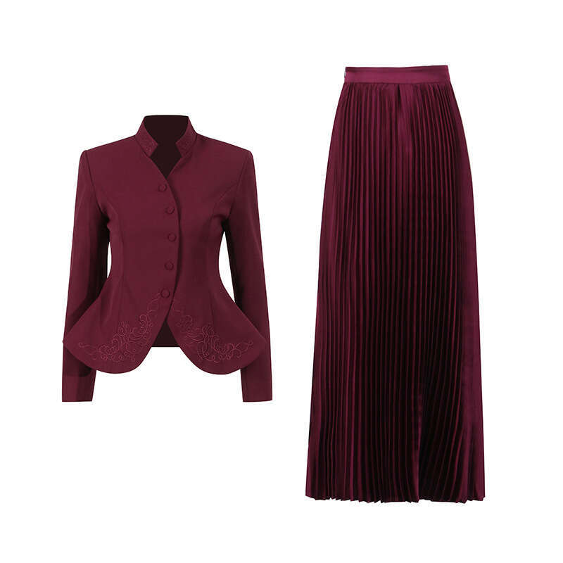Designer Elegant Two-Piece Set: Embellished Standup Collar Top & Pleated Midi Skirt