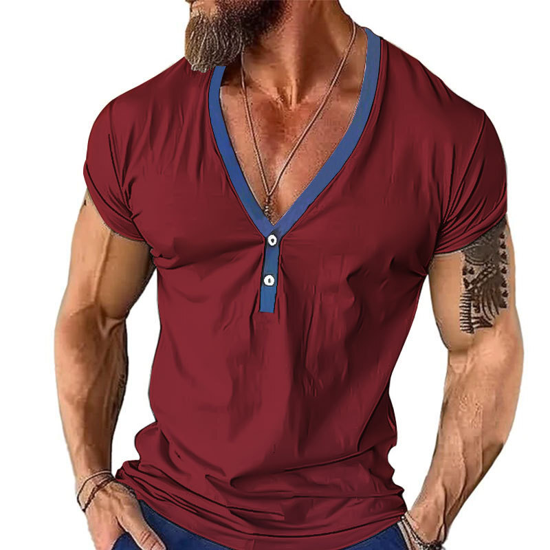 2025 men's loose Henley shirt casual color blocked youth short sleeved T-shirt
