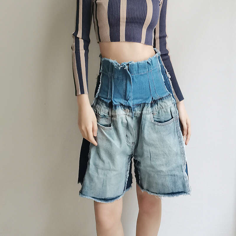 Designer Slimming Fashionable Women's Wide Leg Denim Shorts - High Rise & Colour Block Design