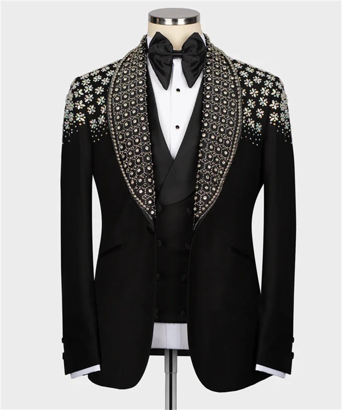 Men's Wedding Suit Tailored Shawl Lapel Blazers 3 Pieces Set Rhinestone Beaded Groom Jacket One Button Custom Made Coat Jacket+Vest+Pants
