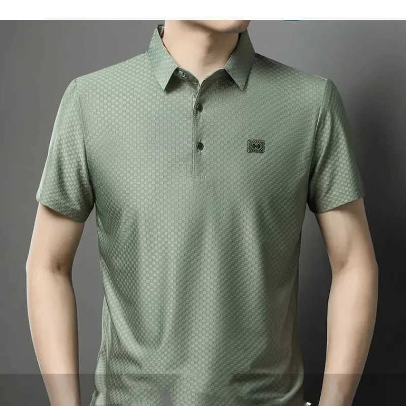 Smart Casual Summer New Mens Turn down Collar Button Plaid Ice Silk Simplicity Loose Short Sleeve Polo Shirt Top W250414