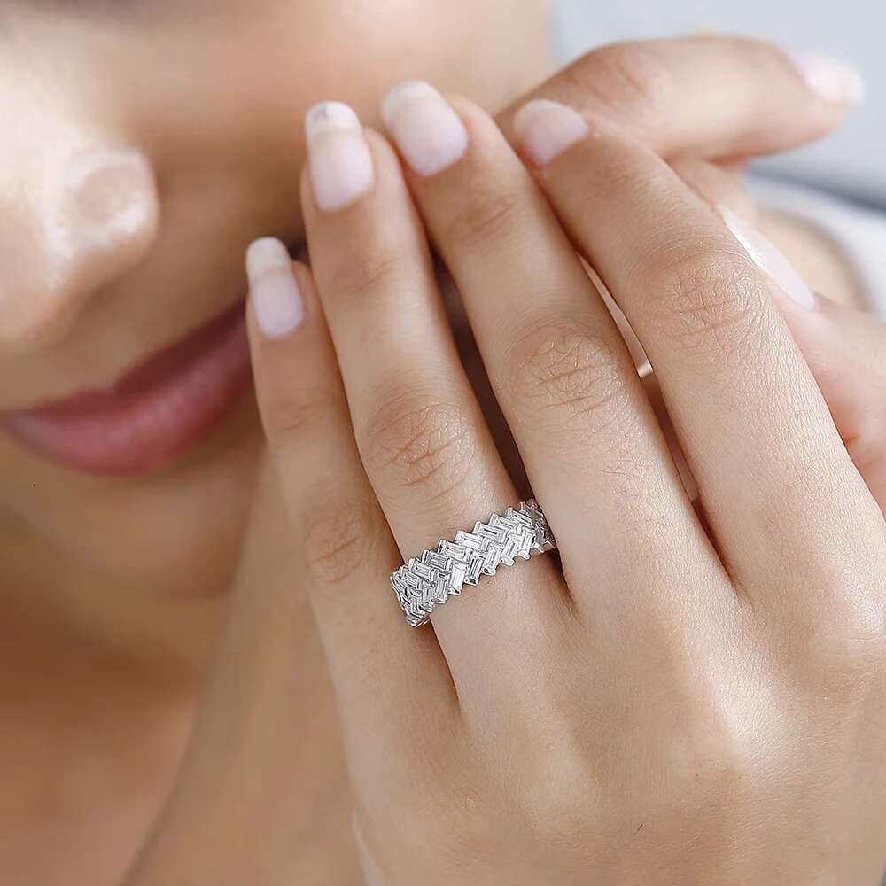 2-Row Baguette Full Moissanite Diamond Eternity Band for Women 925 Sterling Silver Herringbone Cut Wedding Ring Stackable Band