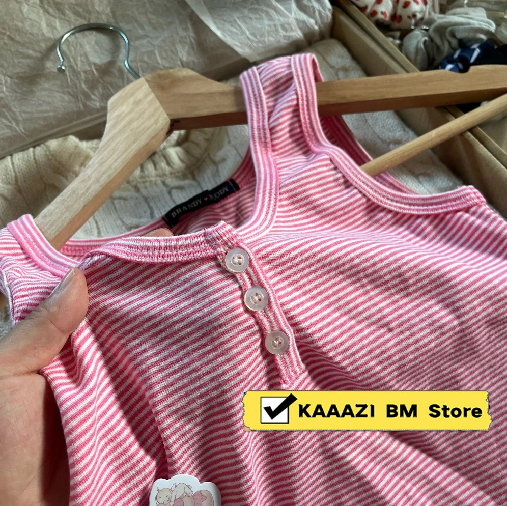 Retro cut top womens summer three button sleeveless cotton vest ultrathin pink striped Y2k 250414Z