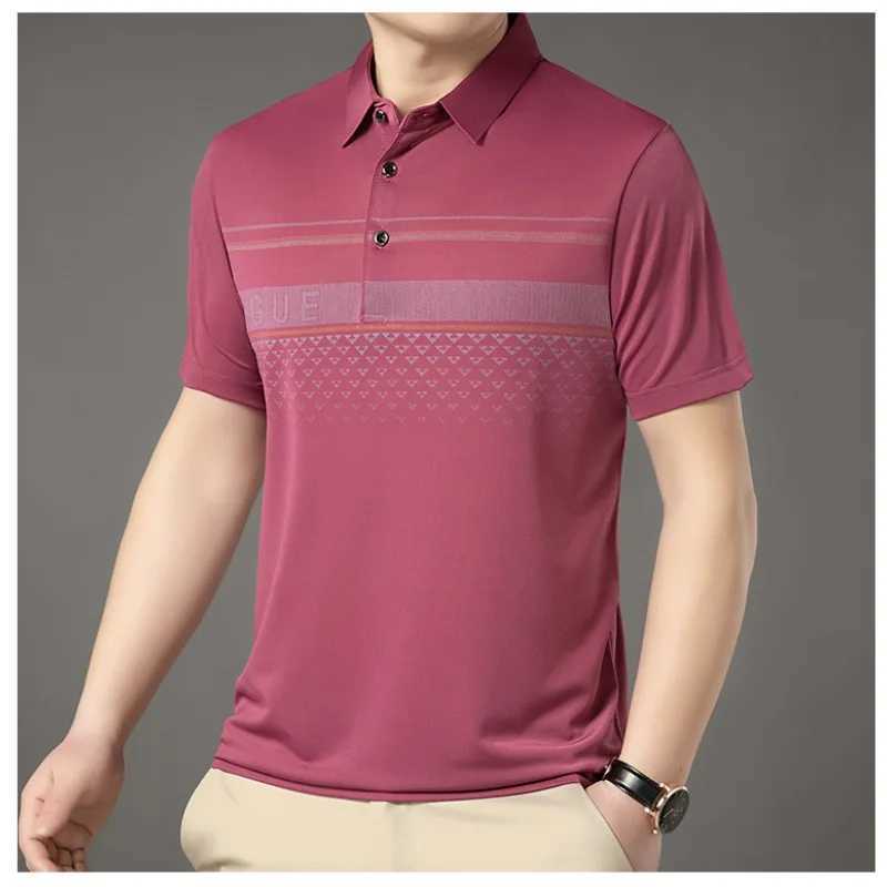 Summer Mens New Polo Neck Ice Silk Loose Breathable Short Sleeve Polo Pulling Flower Triple Stripe Letter Casual Top W250414