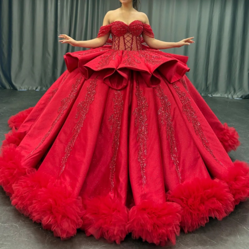 Red Princess Quinceanera Dresses Off Shoulder Applique Beading Crystal Tiered Tull Corset Sweet 16 Dress Ball Gown Vestidos 15 De Anos