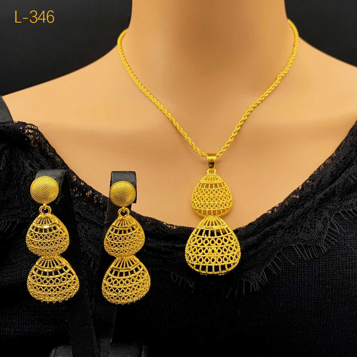 Gold imitation necklace and earrings set - Indian bride necklace - Vietnamese gold-plated two-piece set X251114