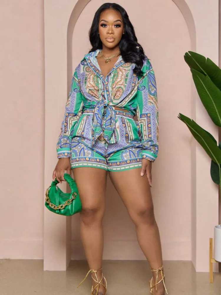 Womens 2-piece fashion printed summer autumn long Sve shirt and elastic waist shorts set womens vacation set 2024XJ250414