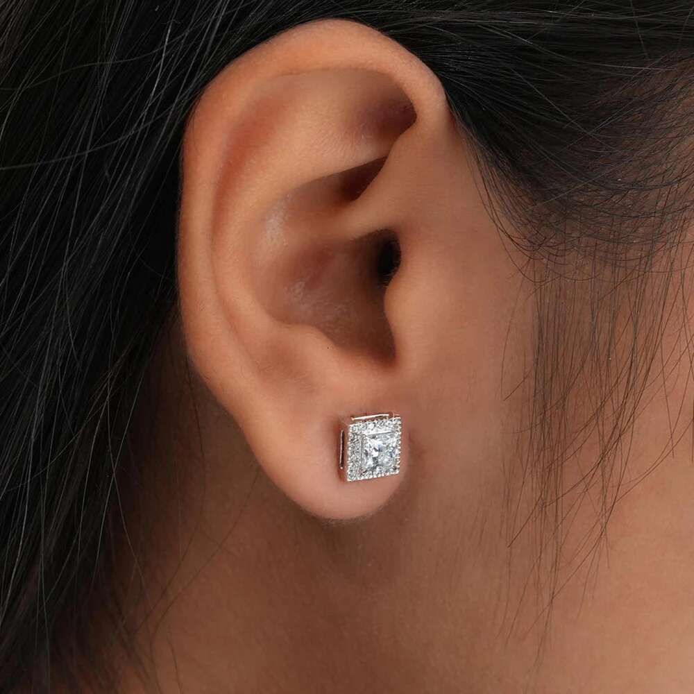 0.5/1/2carat Princess Cut Moissanite Halo Diamond Stud Earrings with Certificates 925 Sterling Silver Square Ear Studs for Women