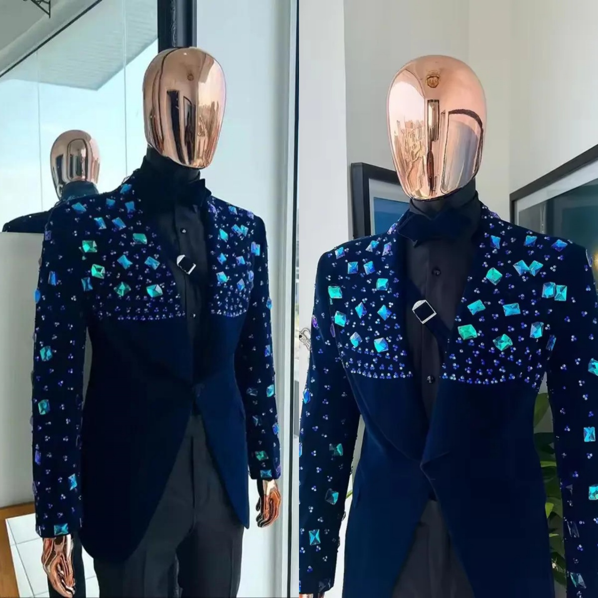 Elegant Men's Suit Tailored Crystal Shawl Lapel Blazers 2 Pieces Set Beading Groom Jacket One Button Custom Made Prom Party Coat Jacket Black Pan