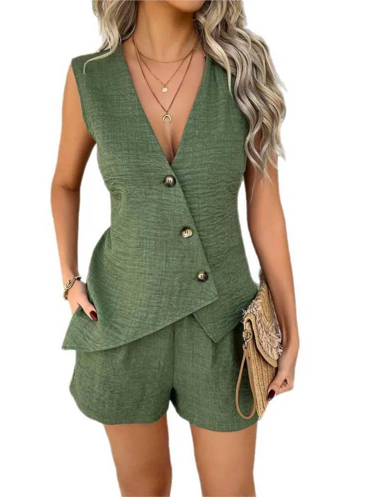 Spring and summer casual solid color vacation button open vest shorts set womens new fashion Ele casual 2-piece setXJ250414