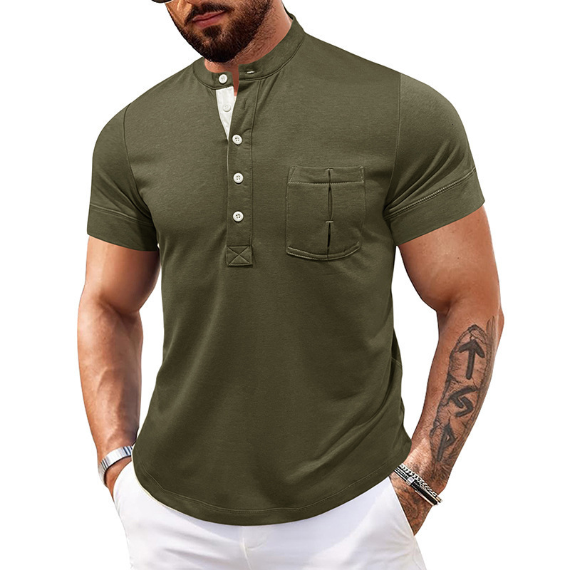Mens short sleeved Henry shirt fitness tough guy mens T-shirt high-end cotton top summer