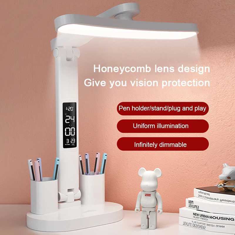 LED Clock Table Lamp USB Chargeable Dimmable Desk Lamps Foldable Eye Protection Desktop Reading Night Lights Study Lighting M251114