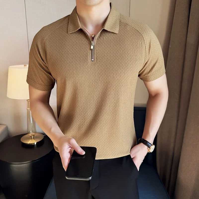 Mens polo shirt 2024 British style summer silk thin solid color casual elastic slim fit short sleeved T-shirt mens clothing W250414