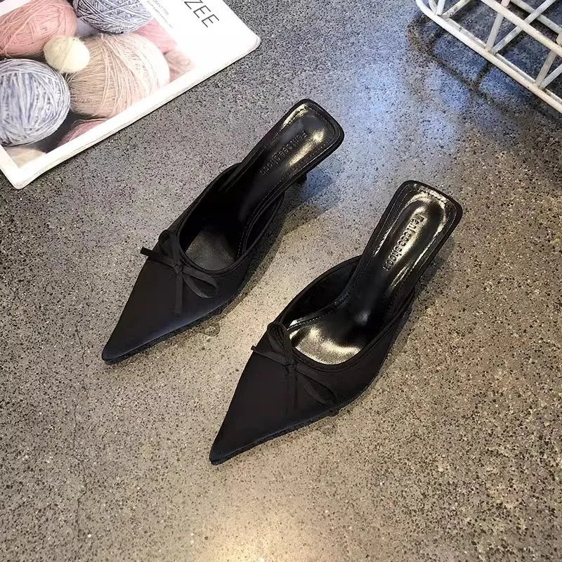 bow womens slippers summer Pointed toes sliding on womens mules thin high-heeled satin sandals Zapatos MUJI 250411