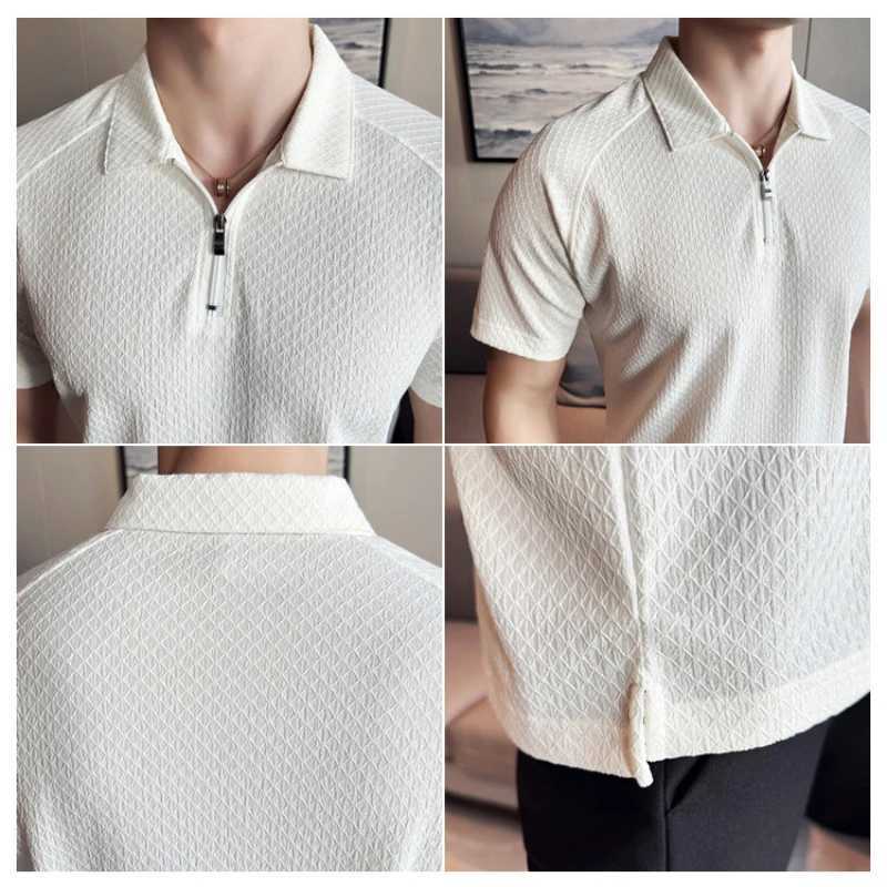 Mens short sleeved white golf shirt Seersucker mesh fabric ice thin high elasticity half zip polo shirt T-shirt W250414