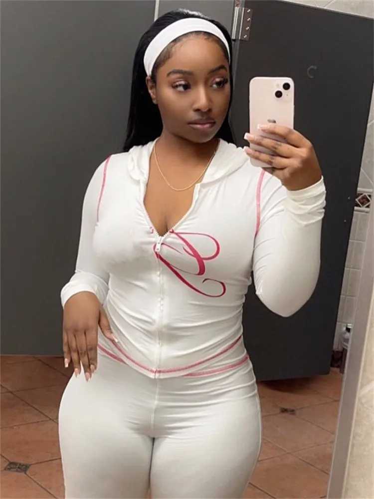 Spring 2025 New Casual Womens Long Sve Zipper Hoodie Top and Pants Streetwear White Two Piece SetXJ250414