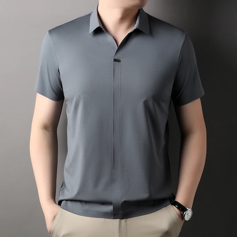 High end classic solid color patch decoration mens short sleeved POLO shirt summer silk ice silk casual business T-shirt 250411