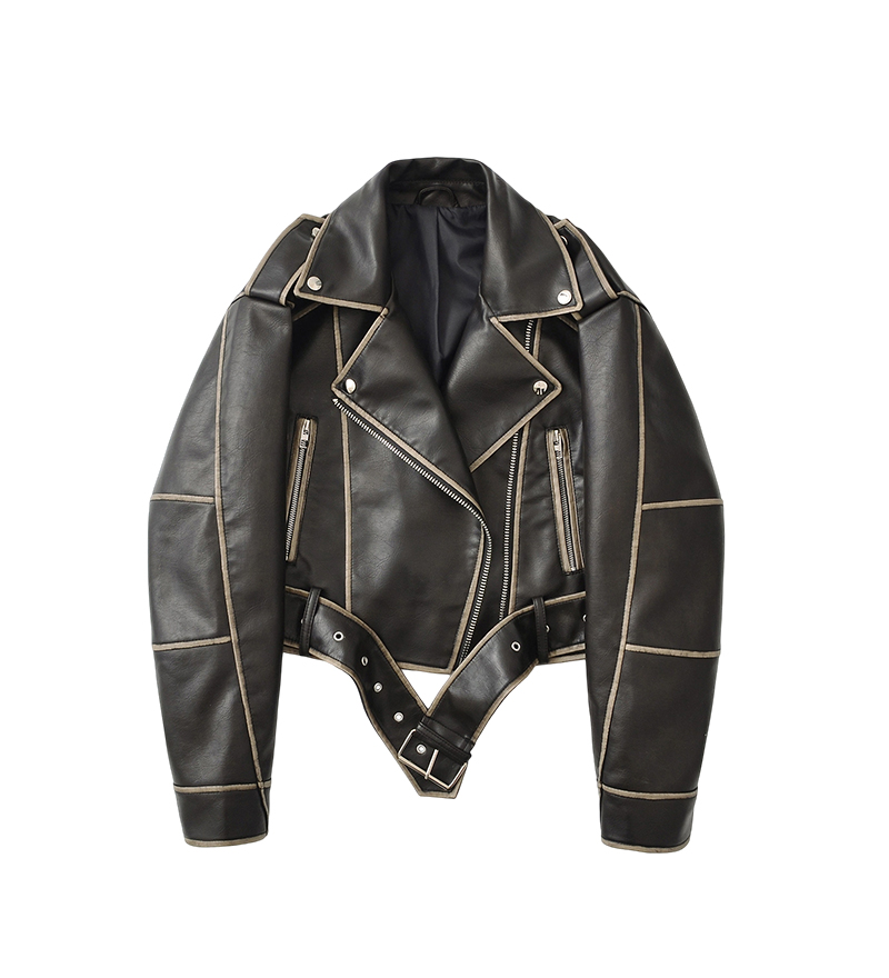 American Retro Style Brown Leather Jacket for Women - Fall Cotton Moto Lapel Couples Coat