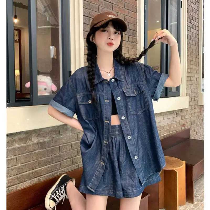 Summer shorts set retro denim shorts Sve shirt thin cardigan womens loose casual shorts two-piece set womens clothingXJ250414