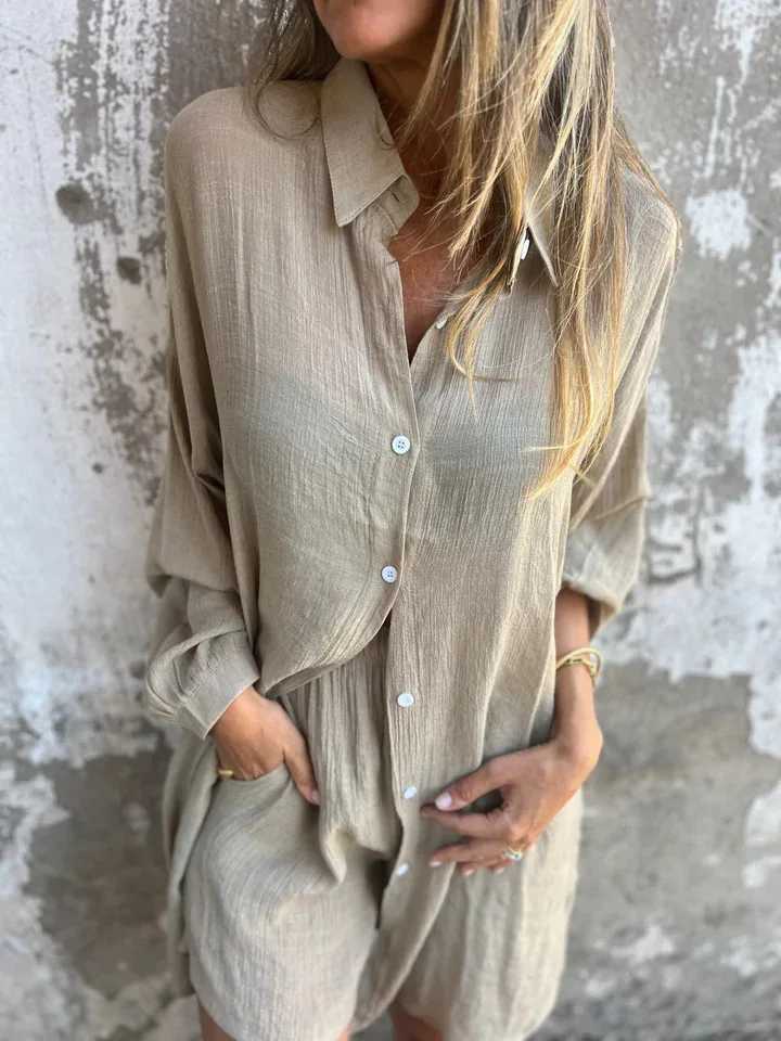 New casual solid color cotton linen set womens spring/summer 2025 shorts long striped shirt two loose fitting setsXJ250414