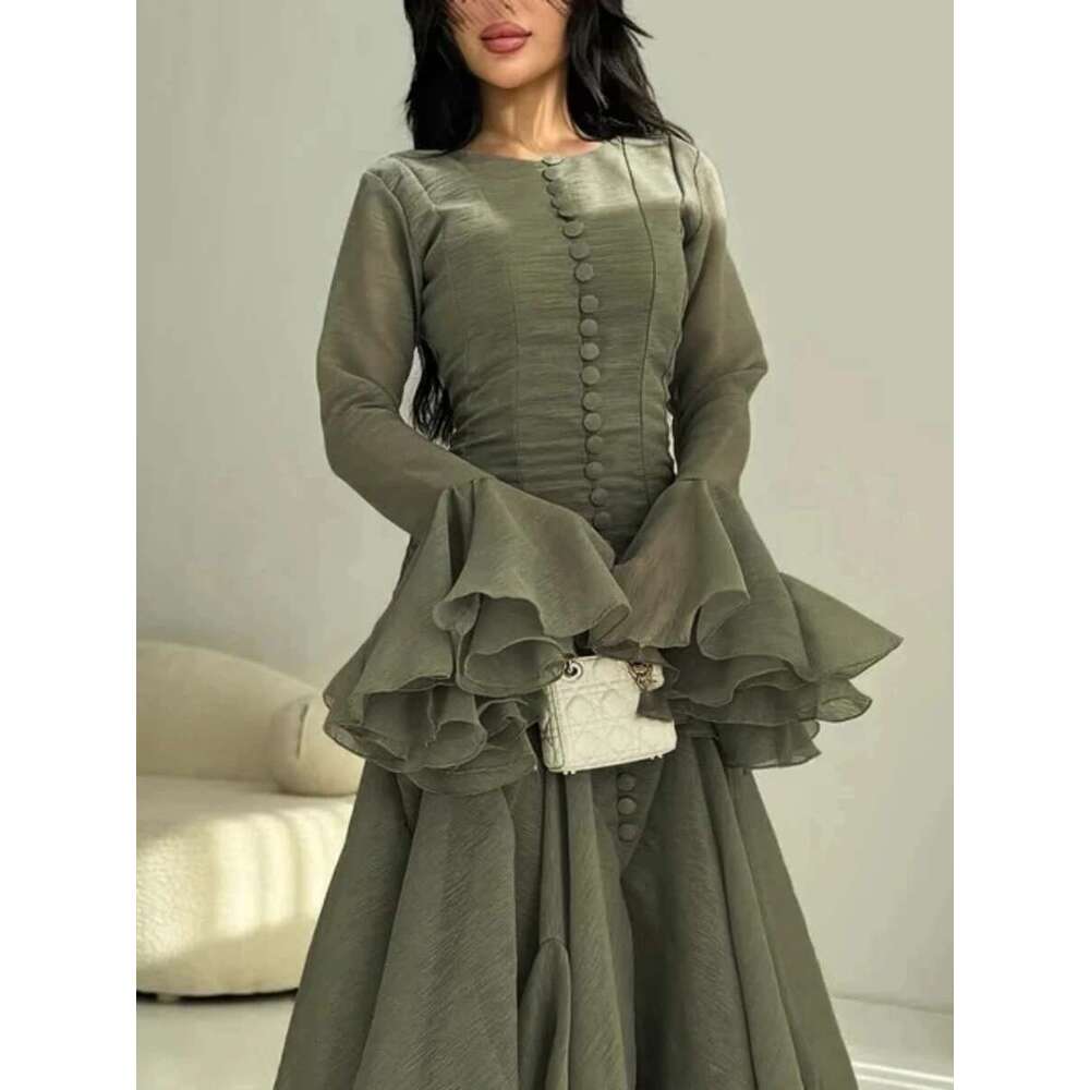 TWOTWINSTYLE Solid Slimming Spliced Folds Dresses For Women Round Neck Long Sleeves Patchwork Buttons Dress Female Clothing New