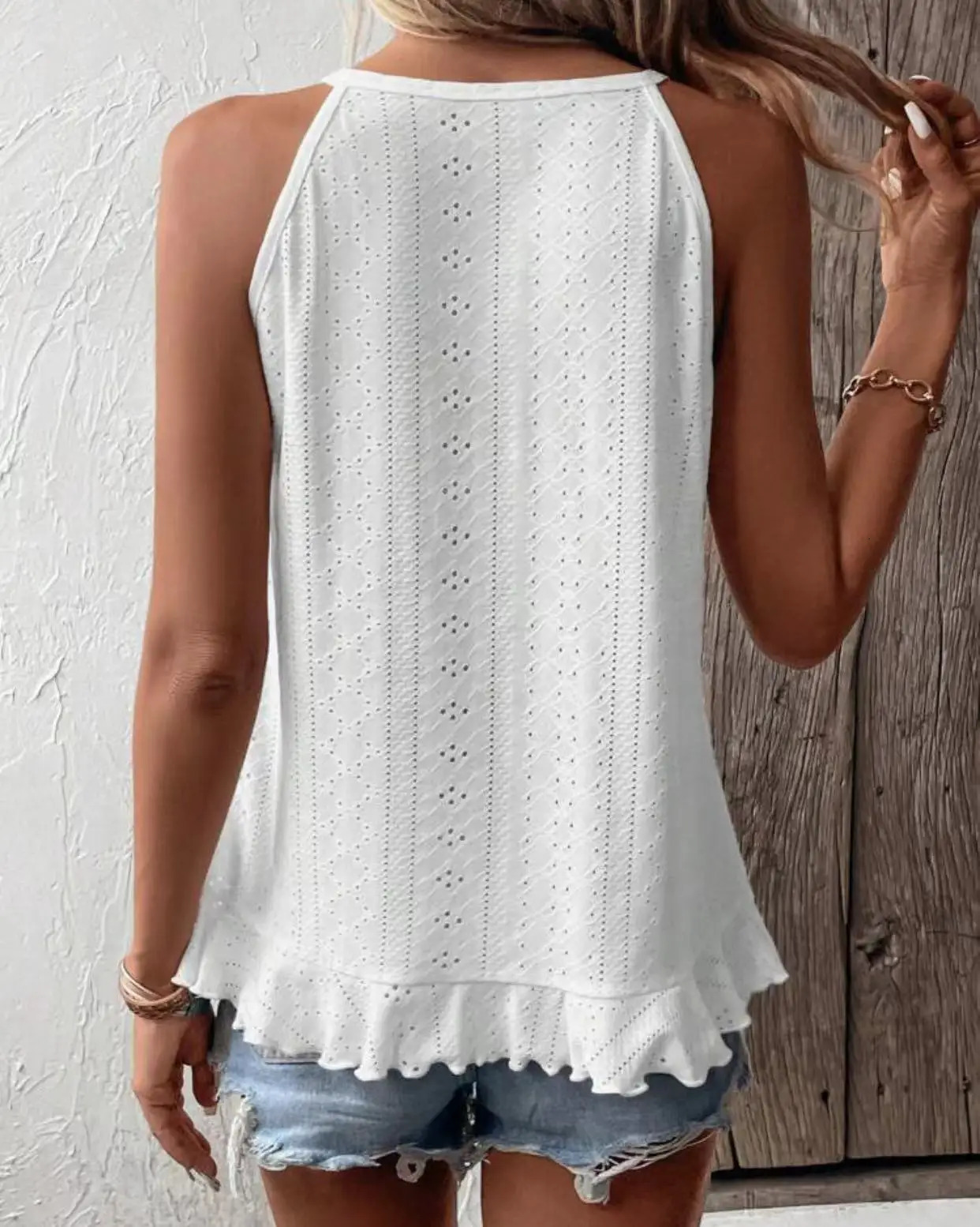Womens plain eyeliner embroidery ruffle hem bag vest top casual round Nech sleeveless summer womens daily clothes 250414Z