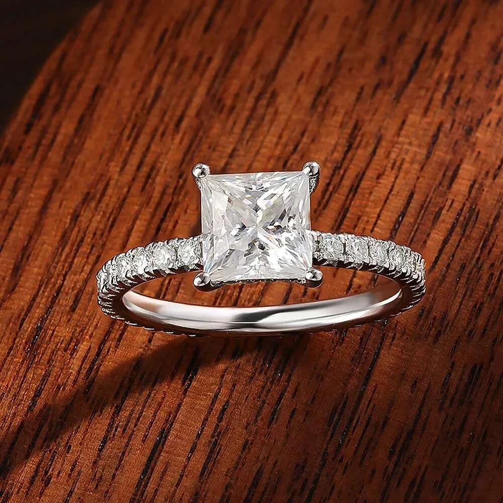 4.6cttw Princess Cut All Moissanite Hidden Halo Rings for Women 925 Sterling Silver Square Diamond Engagement Ring Wedding Band