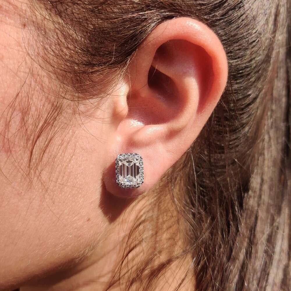 0.5/1/2ct Emerald Cut Halo Moissanite Diamond Stud Earrings 925 Sterling Silver Plated 18k Gold Earring Fine Jewelry for Women