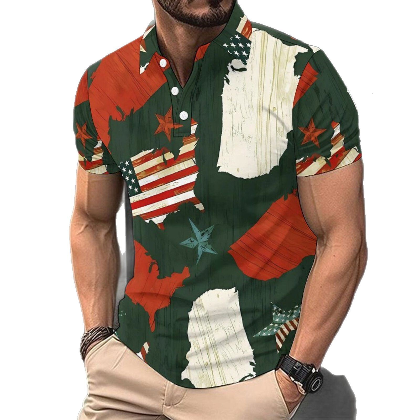 2025 summer collar digital printed polo shirt fashion casual men's American short sleeved T-shirt