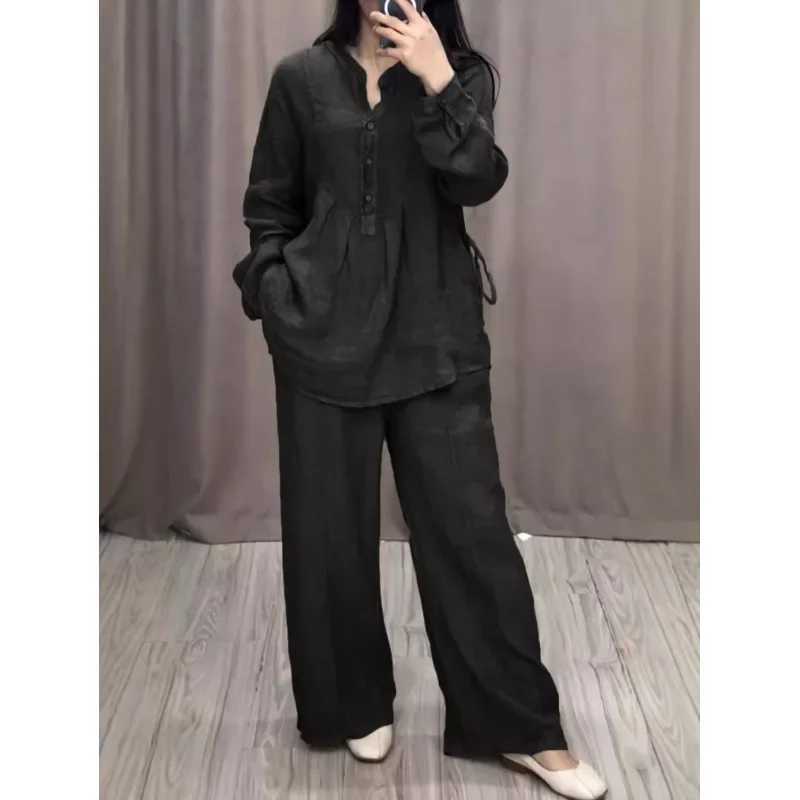 2024 Fashion and Comfortable Sve Cotton Linen Bell Bottom Casual Drstring Autumn Casual Skiing SetXJ250414