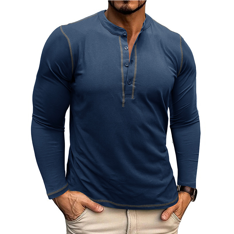 Autumn and winter mens long sleeved Henry shirt mens color blocked round neck T-shirt top