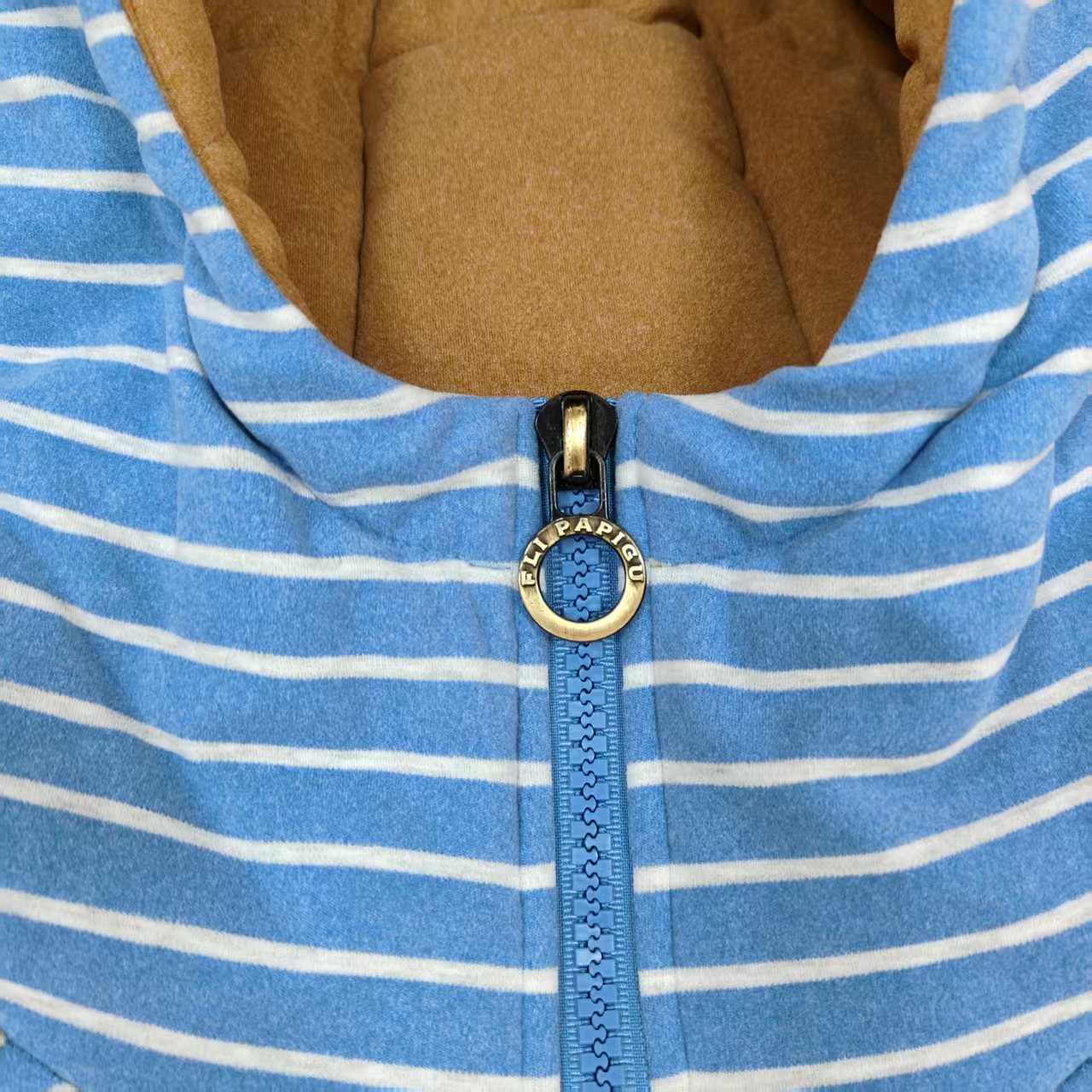 Women's Blue Striped Slim Fleece Zip Hoodie with Ribbed cuffs and hem Stand collar hood Filled hood Label patch for Daily Casual Wear