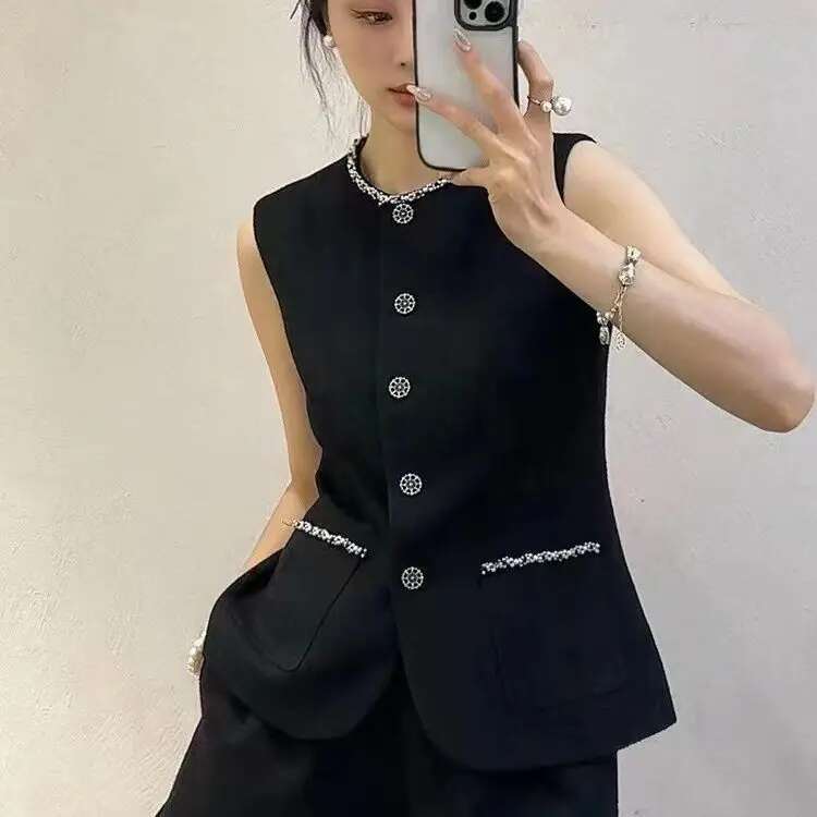 French Socialite Fashion Suit Summer New Chic Sleeveless Coat Slimming Vest Top Casual Shorts Black Two Piece Sets Women Outfits