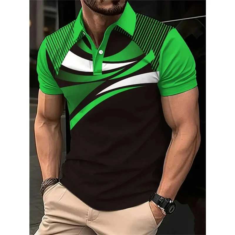3D printed color striped mens polo shirt with geometric color block pattern mens casual lapel short sleeved top W250414
