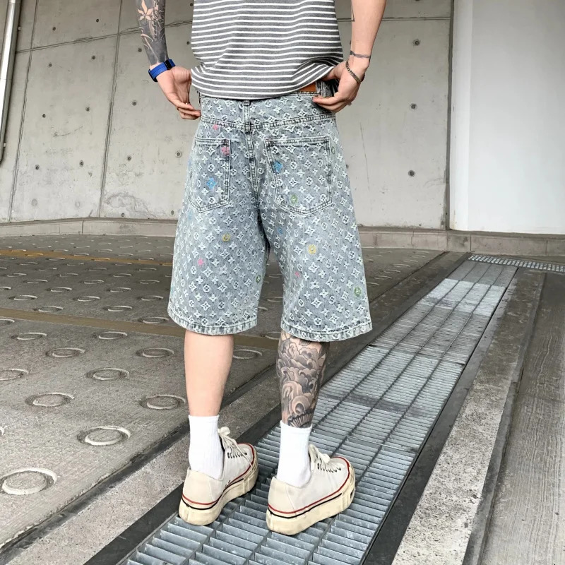 14003 Summer American Ted Jacquard Loose Casual Fashion Straight Blue Washed Cowboy Shorts 250414