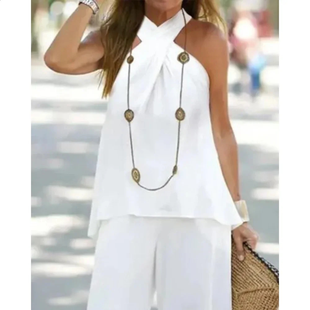 Womens two-piece strapless V-neck top and high waisted pants set casual womens loose suit 250410