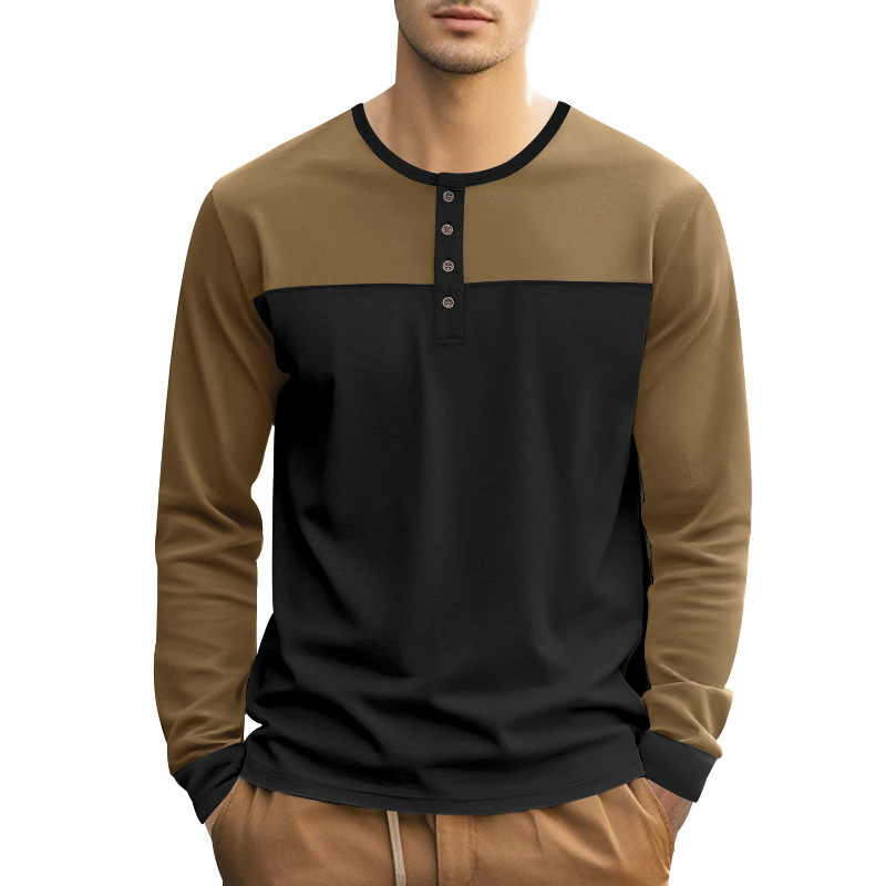 American style spring and autumn long sleeved T-shirt men, thin cut color blocking slim fit Henry base shirt for men